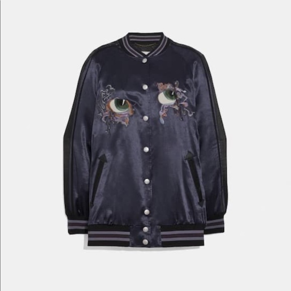 Auth Coach embroidered landscape oversized Souvenir varsity luxe bomber jacket - Picture 3 of 12